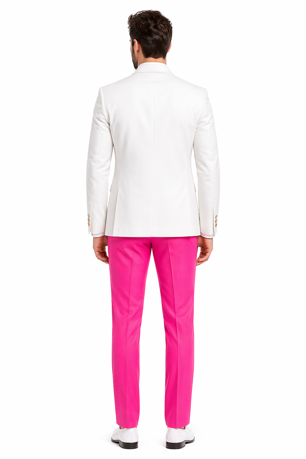 White and Hot Pink Tuxedo Wedding Suit - White Dinner Jacket + Vest + Pants + Bow-tie