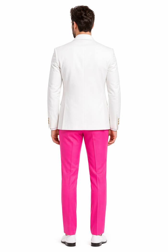 White and Hot Pink Tuxedo Wedding Suit - White Dinner Jacket + Vest + Pants + Bow-tie