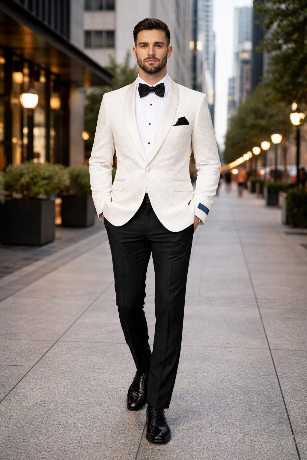 Men's Super 150's Viscose Blend 1 Button White Tuxedo Floral Pattern  Dinner Jacket - Image 7