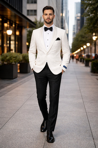 Men's Super 150's Viscose Blend 1 Button White Tuxedo Floral Pattern  Dinner Jacket - Image 7