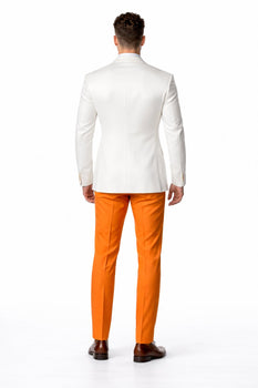 White and Orange Tuxedo Wedding Suit - White Dinner Jacket + Vest + Pants + Bow-tie