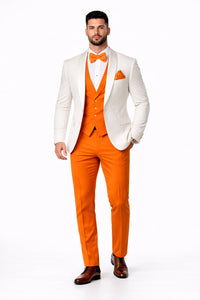 White and Orange Tuxedo Wedding Suit - White Dinner Jacket + Vest + Pants + Bow-tie