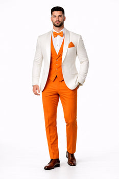 White and Orange Tuxedo Wedding Suit - White Dinner Jacket + Vest + Pants + Bow-tie