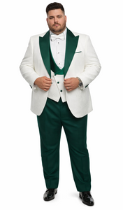 Men’s White Paisley & Hunter Green Tuxedo – Designer Vested Wool Suit for Wedding & Prom