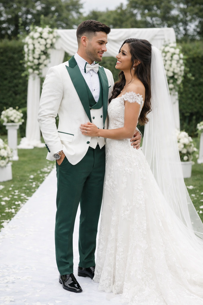 Men’s White Paisley & Hunter Green Tuxedo – Designer Vested Wool Suit for Wedding & Prom