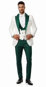 Men’s White Paisley & Hunter Green Tuxedo – Designer Vested Wool Suit for Wedding & Prom