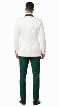 Men’s White Paisley & Hunter Green Tuxedo – Designer Vested Wool Suit for Wedding & Prom