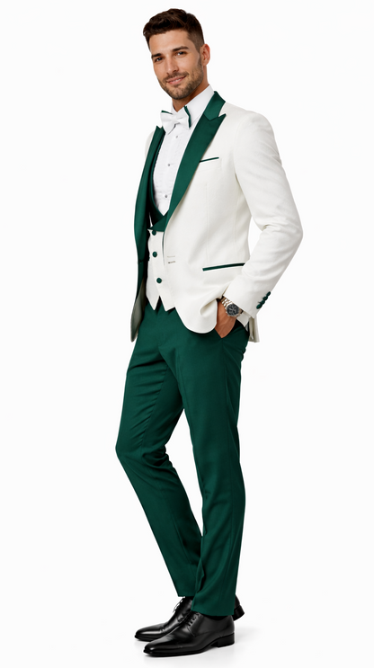 Men’s White Paisley & Hunter Green Tuxedo – Designer Vested Wool Suit for Wedding & Prom