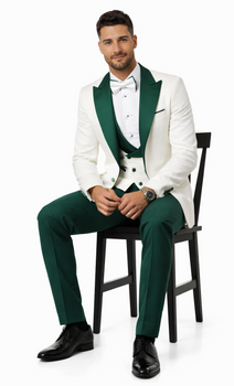 Men’s White Paisley & Hunter Green Tuxedo – Designer Vested Wool Suit for Wedding & Prom