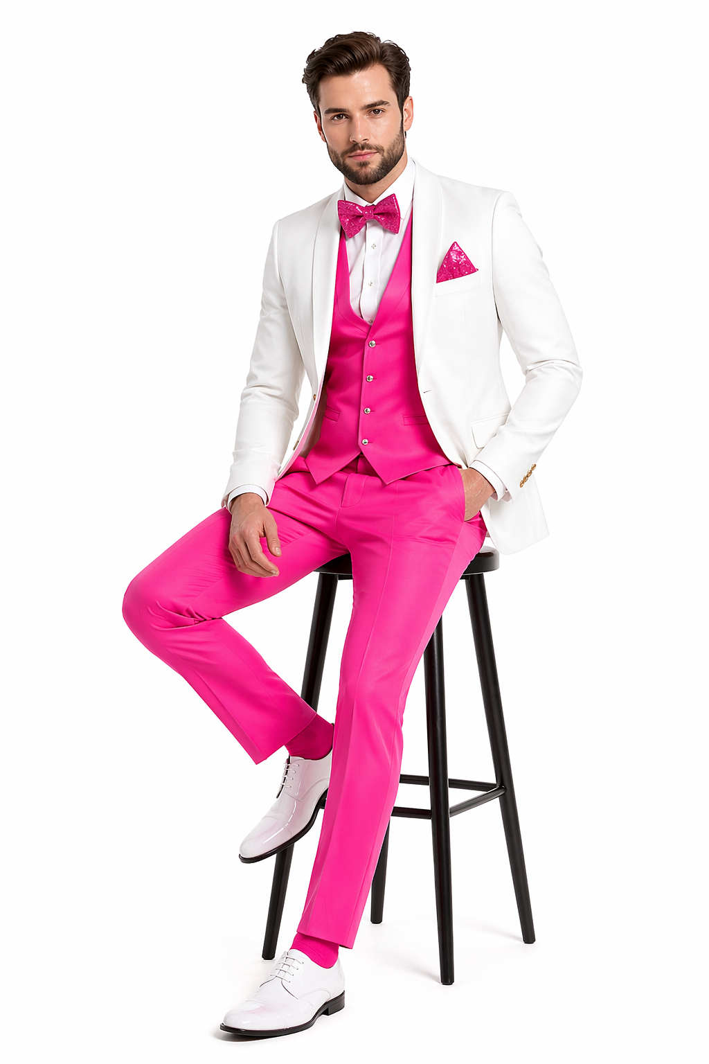 White and Hot Pink Tuxedo Wedding Suit - White Dinner Jacket + Vest + Pants + Bow-tie