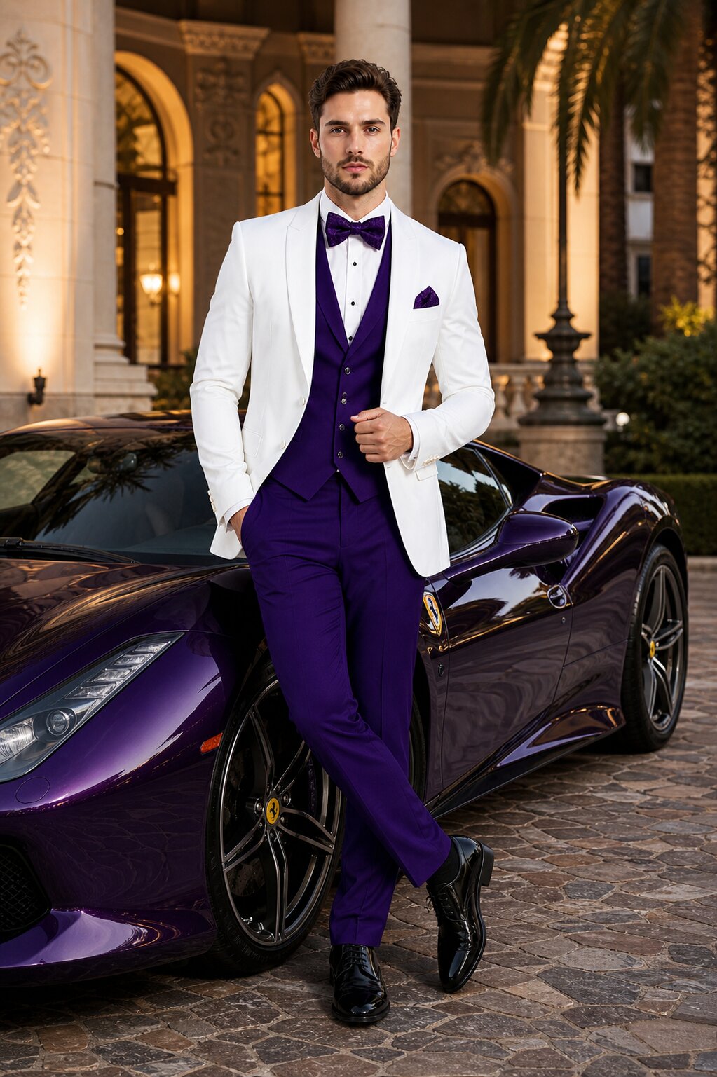 White and Purple Tuxedo Wedding Suit - White Dinner Jacket + Vest + Pants + Bow-tie