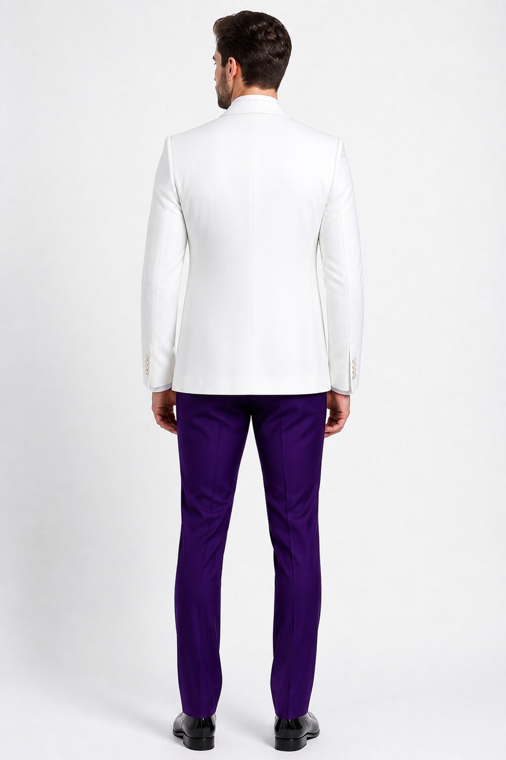White and Purple Tuxedo Wedding Suit - White Dinner Jacket + Vest + Pants + Bow-tie