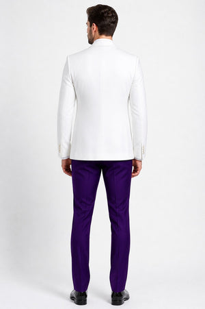 White and Purple Tuxedo Wedding Suit - White Dinner Jacket + Vest + Pants + Bow-tie