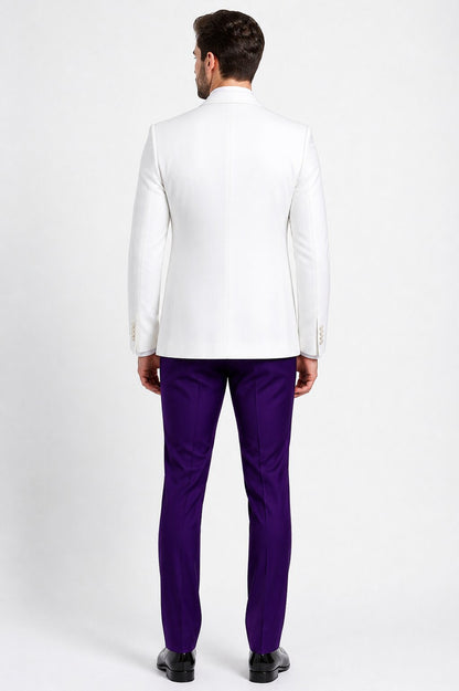 White and Purple Tuxedo Wedding Suit - White Dinner Jacket + Vest + Pants + Bow-tie