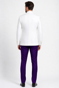 White and Purple Tuxedo Wedding Suit - White Dinner Jacket + Vest + Pants + Bow-tie