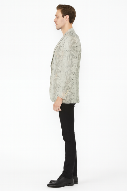 Men’s White Snake Print Blazer – Exotic Slim Fit Party and Fashion Jacket - Alligator crocodile print