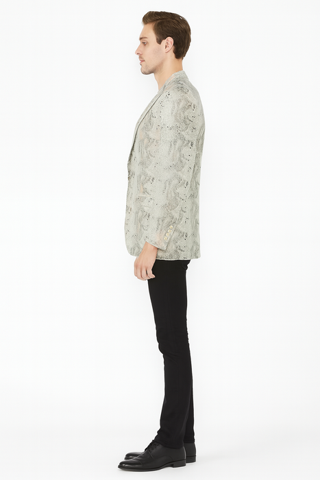 Men’s White Snake Print Blazer – Exotic Slim Fit Party and Fashion Jacket - Alligator crocodile print