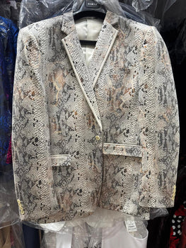 Men’s White Snake Print Blazer – Exotic Slim Fit Party and Fashion Jacket - Alligator crocodile print