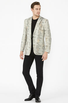 Men’s White Snake Print Blazer – Exotic Slim Fit Party and Fashion Jacket - Alligator crocodile print