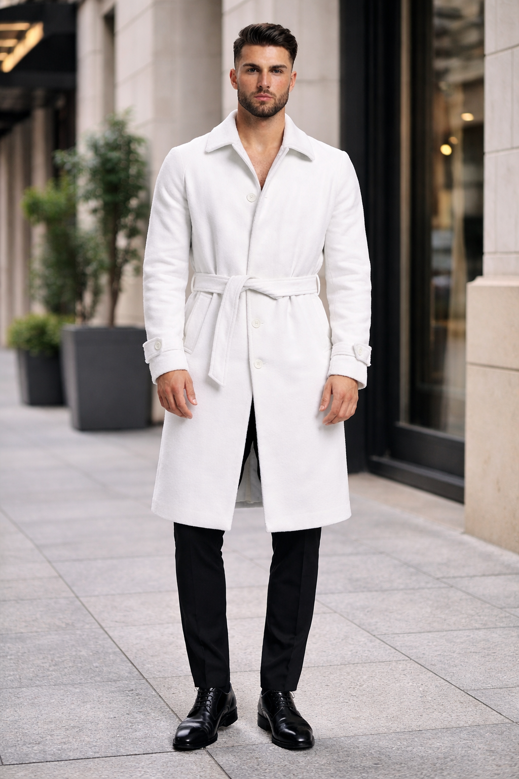 Men's White Wool Belted Long Coat – Classic Overcoat for Formal Wear, Wedding Full length - Image 4