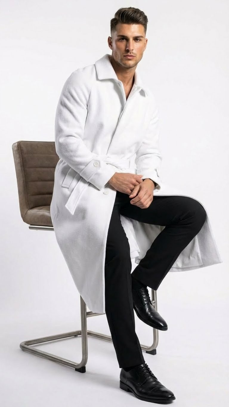 Men's White Wool Belted Long Coat – Classic Overcoat for Formal Wear, Wedding Full length - Image 7