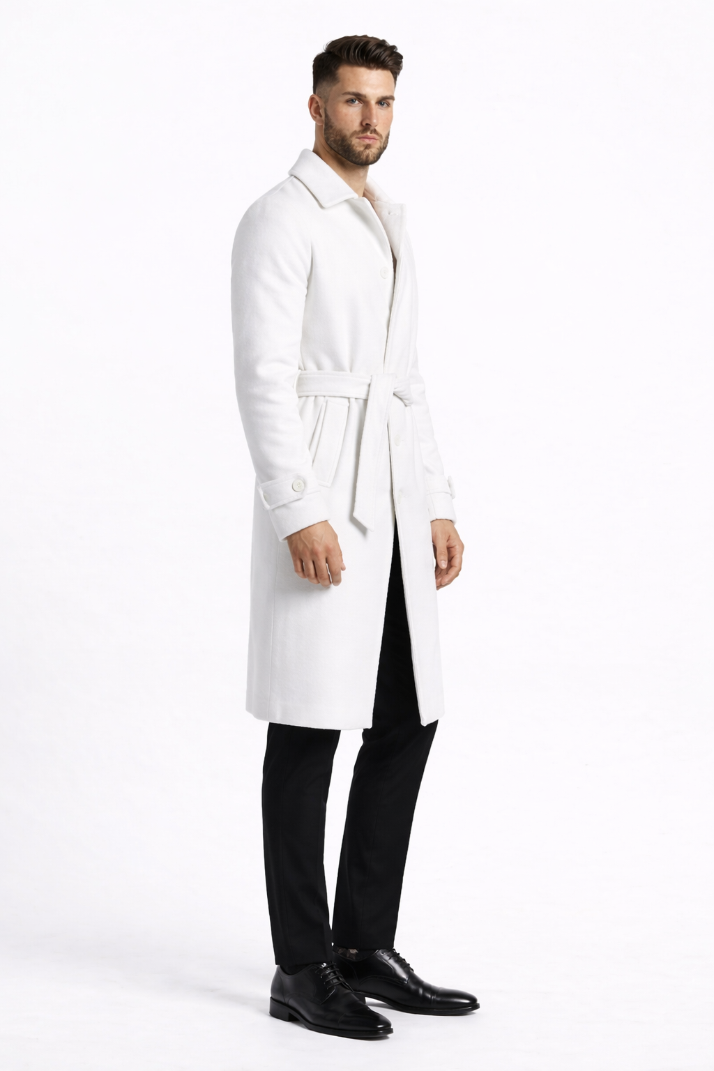 Men's White Wool Belted Long Coat – Classic Overcoat for Formal Wear, Wedding Full length - Image 5