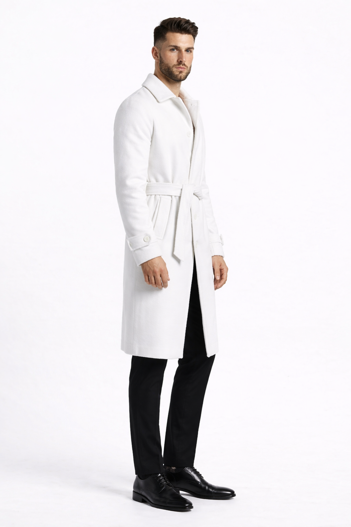 Men's White Wool Belted Long Coat – Classic Overcoat for Formal Wear, Wedding Full length - Image 5