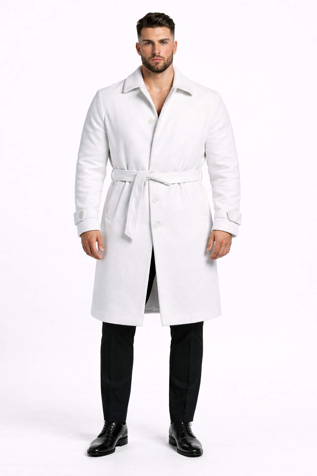 Men's White Wool Belted Long Coat – Classic Overcoat for Formal Wear, Wedding Full length - Image 6