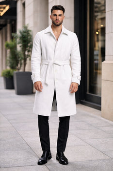 Men's White Wool Belted Long Coat – Classic Overcoat for Formal Wear, Wedding Full length - Image 4