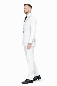 Men’s White Double Breasted Wool Suit with Designer Tailored Formal Set Metal Buckle Closure