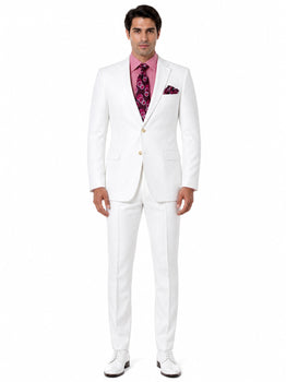Men's White  100% Linen Two Piece Regular Fit Suit Flat Front Pants - Mens Linen Suit