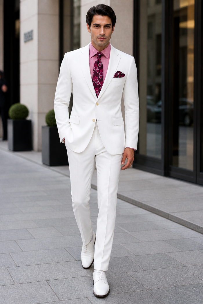 Men's White  100% Linen Two Piece Regular Fit Suit Flat Front Pants - Mens Linen Suit
