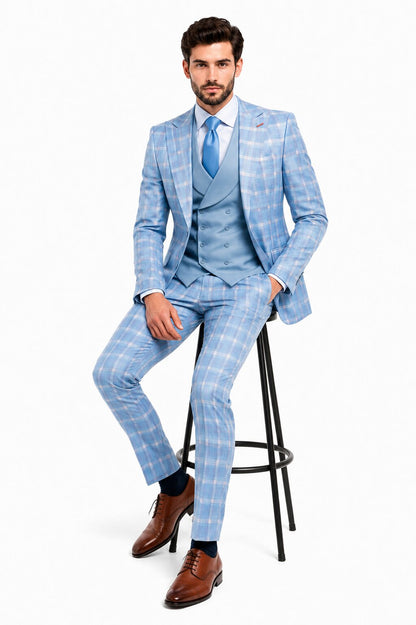 Statement Mens Modern Fit 3 Piece 100% Super 200s Wool Classic Windowpane Suit – Double Breasted Vest