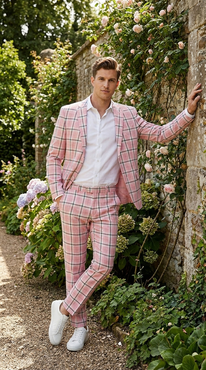 Mens Pink and Black Plaid Designer Suit Set – Stylish Suit with Check Pattern Jacket and Windownpane Summer Color Modern Fit