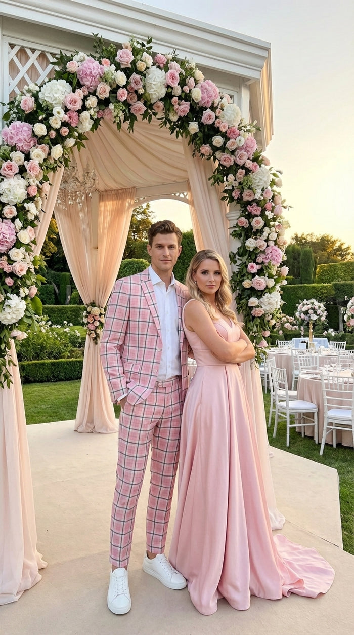 Mens Pink and Black Plaid Designer Suit Set – Stylish Suit with Check Pattern Jacket and Windownpane Summer Color Modern Fit