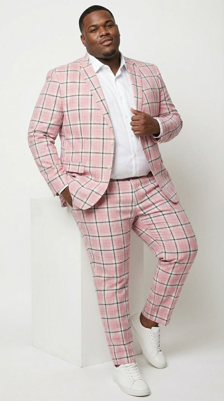 Mens Pink and Black Plaid Designer Suit Set – Stylish Suit with Check Pattern Jacket and Windownpane Summer Color