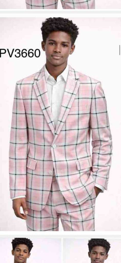 Mens Pink and Black Plaid Designer Suit Set – Stylish Suit with Check Pattern Jacket and Windownpane Summer Color