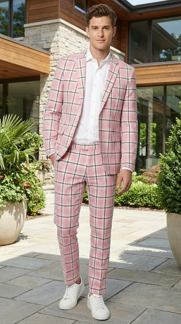 Mens Pink and Black Plaid Designer Suit Set – Stylish Suit with Check Pattern Jacket and Windownpane Summer Color