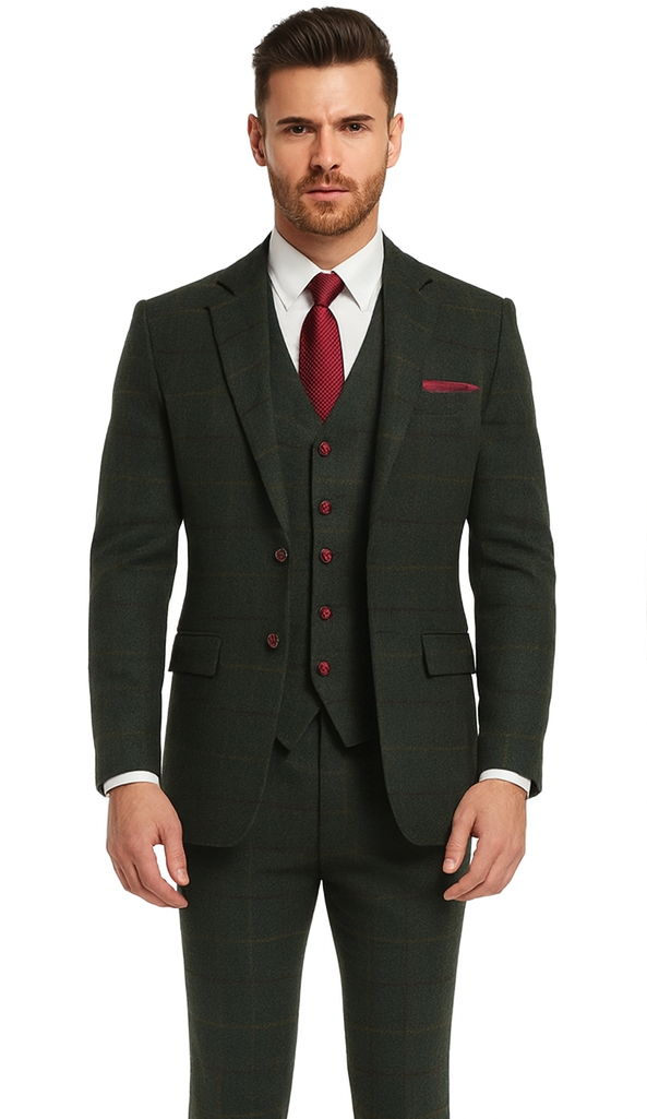 Mens Winter Suit - Suit For Cold Weather - Winter Color Tweed Herringbone Green Suit Green / 46 Long Jacket