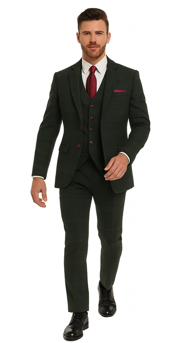 Mens Winter Suit - Suit For Cold Weather - Winter Color Tweed Herringbone Green Suit