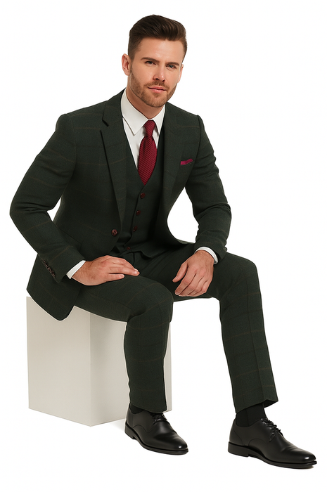 Mens Winter Suit - Suit For Cold Weather - Winter Color Tweed Herringbone Green Suit