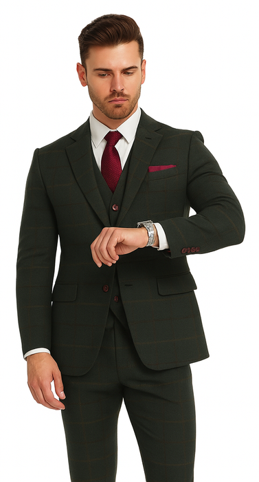Mens Winter Suit - Suit For Cold Weather - Winter Color Tweed Herringbone Green Suit