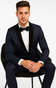 Men's Wool Fabric Navy Blue With Black Velvet Fabric velour Men's blazer Jacket Sport Coat Tuxedo Looking!