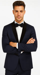 Men's Wool Fabric Navy Blue With Black Velvet Fabric velour Men's blazer Jacket Sport Coat Tuxedo Looking!