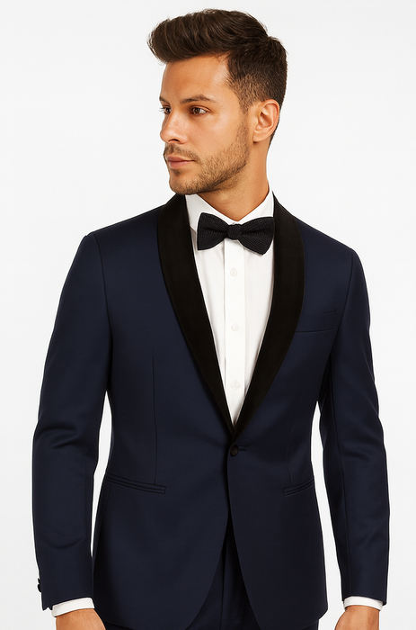 Men's Wool Fabric Navy Blue With Black Velvet Fabric velour Men's blazer Jacket Sport Coat Tuxedo Looking!