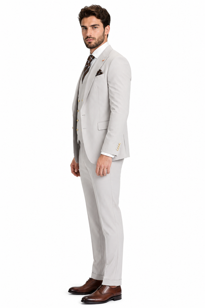Men's Ash Statement Ticket Pocket Peak Lapel Wool Double Breasted Vest Suit with Gold Buttons – Modern Fit