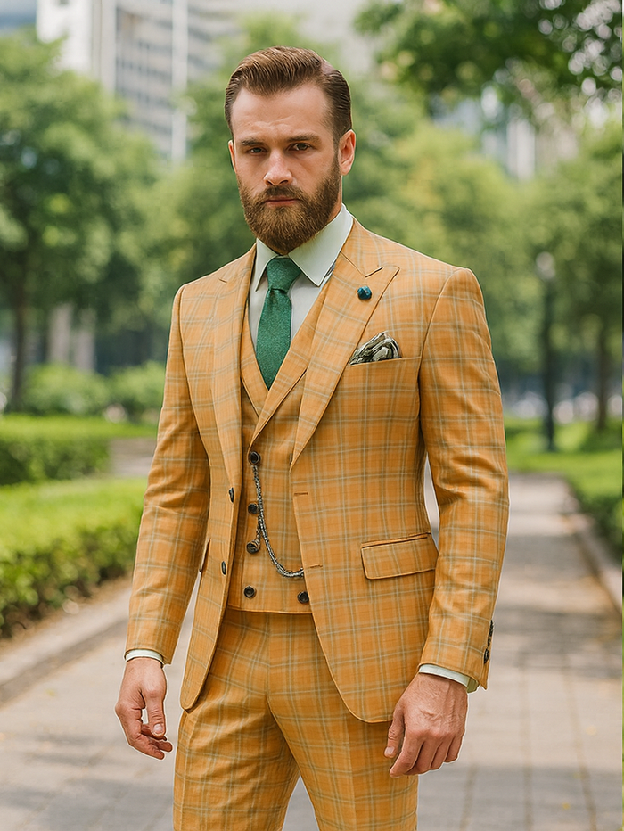 Men’s Stylish Plaid Wedding Suit – Yellow 3-Piece Ensemble Modern Fit