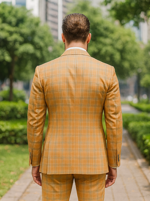Men’s Stylish Plaid Wedding Suit – Yellow 3-Piece Ensemble