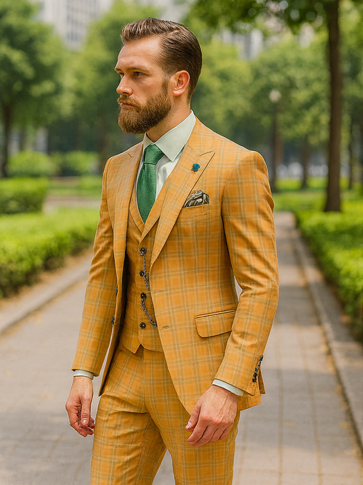 Men’s Stylish Plaid Wedding Suit – Yellow 3-Piece Ensemble