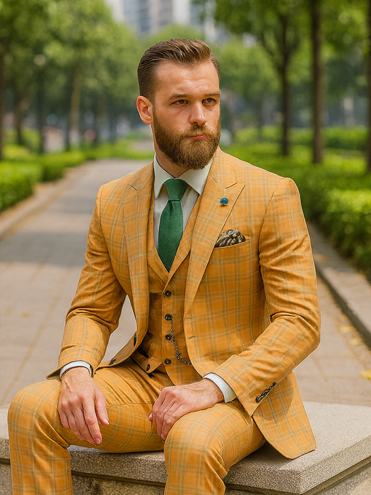 Men’s Stylish Plaid Wedding Suit – Yellow 3-Piece Ensemble